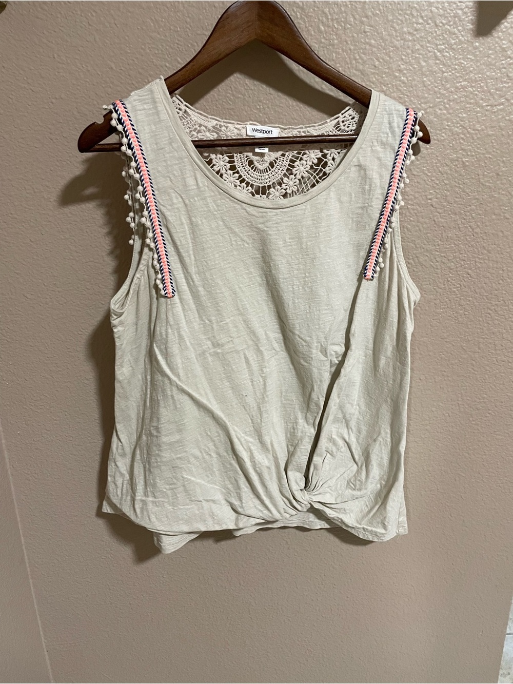 Westport Cream Knit Tank with Crochet Back and Pink Trim